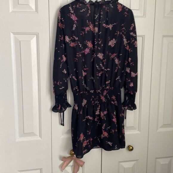 Parker Floral Plum Blossom Smocked Waist Dress Tie Neck Elastic XS - Picture 7 of 9